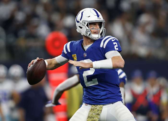 Dec 4, 2022; Arlington, Texas, USA; Indianapolis Colts quarterback Matt Ryan (2) throws a pass against the Dallas Cowboys in the second quarter at AT&T Stadium. Mandatory Credit: Tim Heitman-USA TODAY Sports